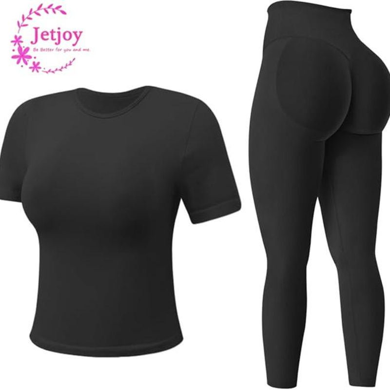 Jetjoy 2 Piece Impact Workout Sets for Women, Long or Short Sleeve T Shirt Tank Top
