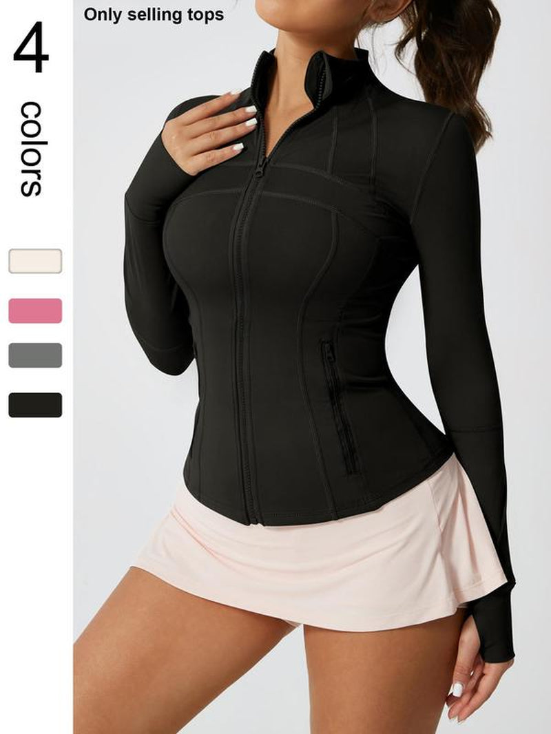 Women'S Solid Color Zipper Pocket Sports Jacket