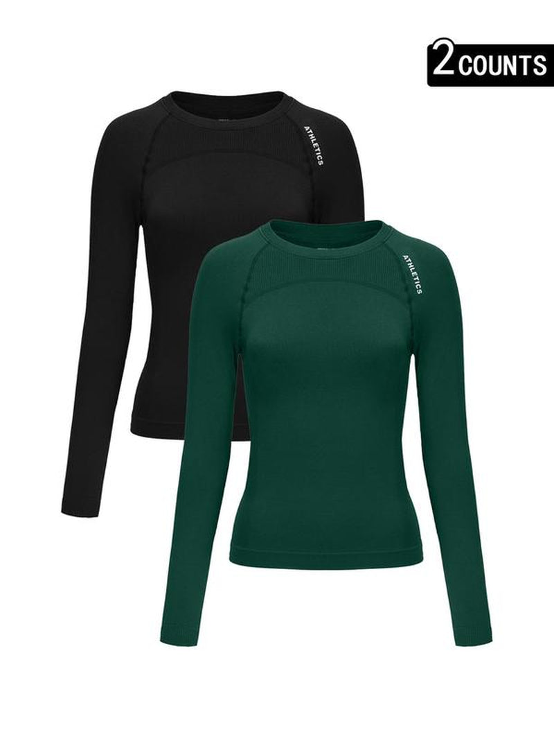 Women'S Letter Print Baselayer Top, Long Sleeve round Neck Compression Top for Yoga Gym Workout, Ladies Athletic Fitted Breathable Sportswear for Fall & Winter, Fitness Top