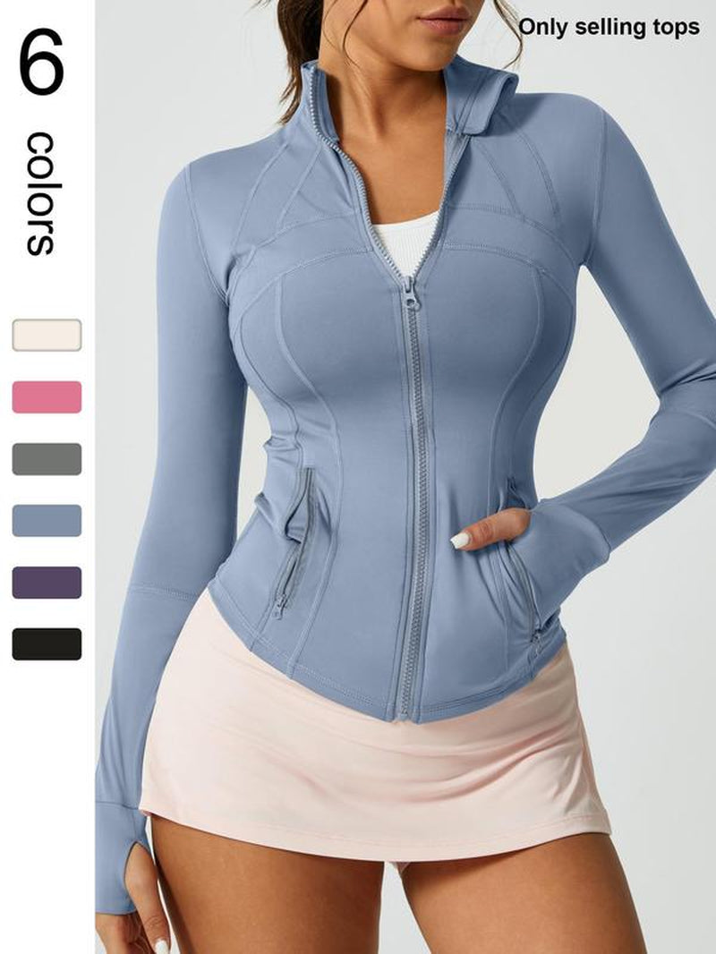 Women'S Solid Color Zipper Pocket Sports Jacket 