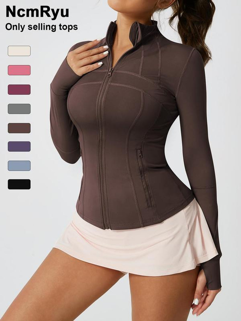 Women'S Solid Color Zipper Pocket Sports Jacket 