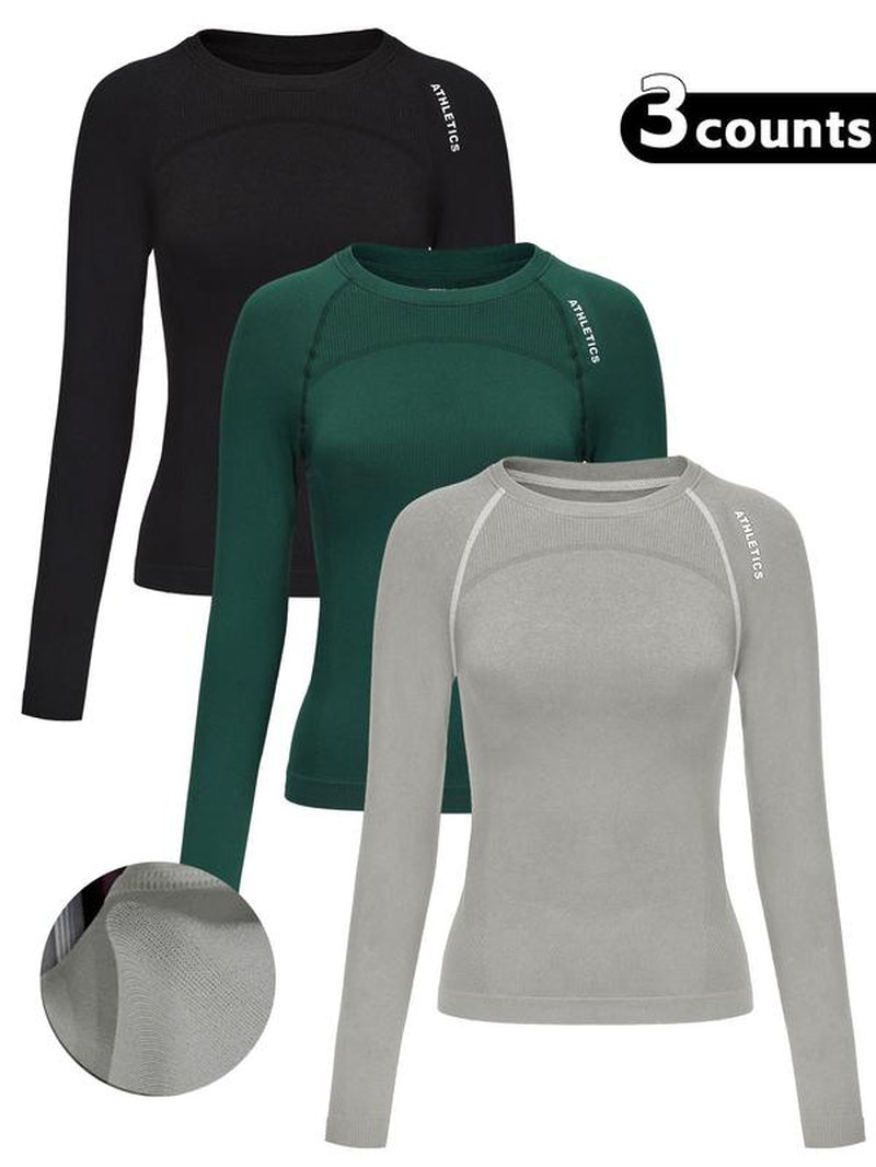 Women'S Letter Print Baselayer Top, Long Sleeve round Neck Compression Top for Yoga Gym Workout, Ladies Athletic Fitted Breathable Sportswear for Fall & Winter, Fitness Top