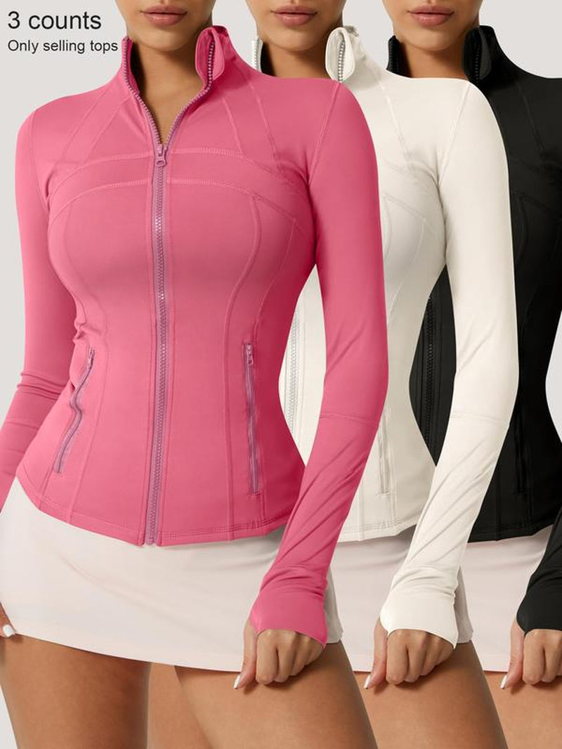Women'S Solid Color Zipper Pocket Sports Jacket 