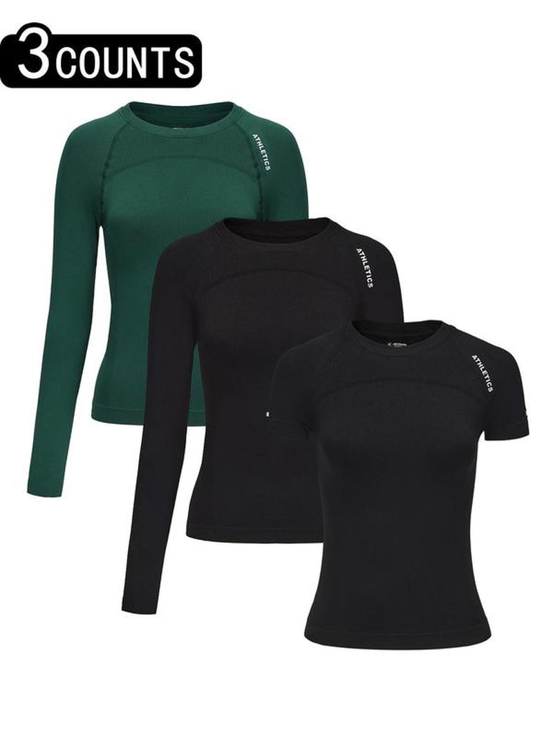 Women'S Letter Print Baselayer Top, Long Sleeve round Neck Compression Top for Yoga Gym Workout, Ladies Athletic Fitted Breathable Sportswear for Fall & Winter, Fitness Top