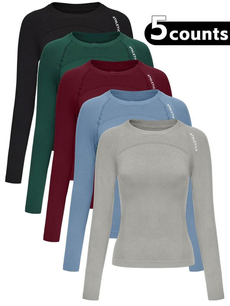 Women'S Letter Print Baselayer Top, Long Sleeve round Neck Compression Top for Yoga Gym Workout, Ladies Athletic Fitted Breathable Sportswear for Fall & Winter, Fitness Top