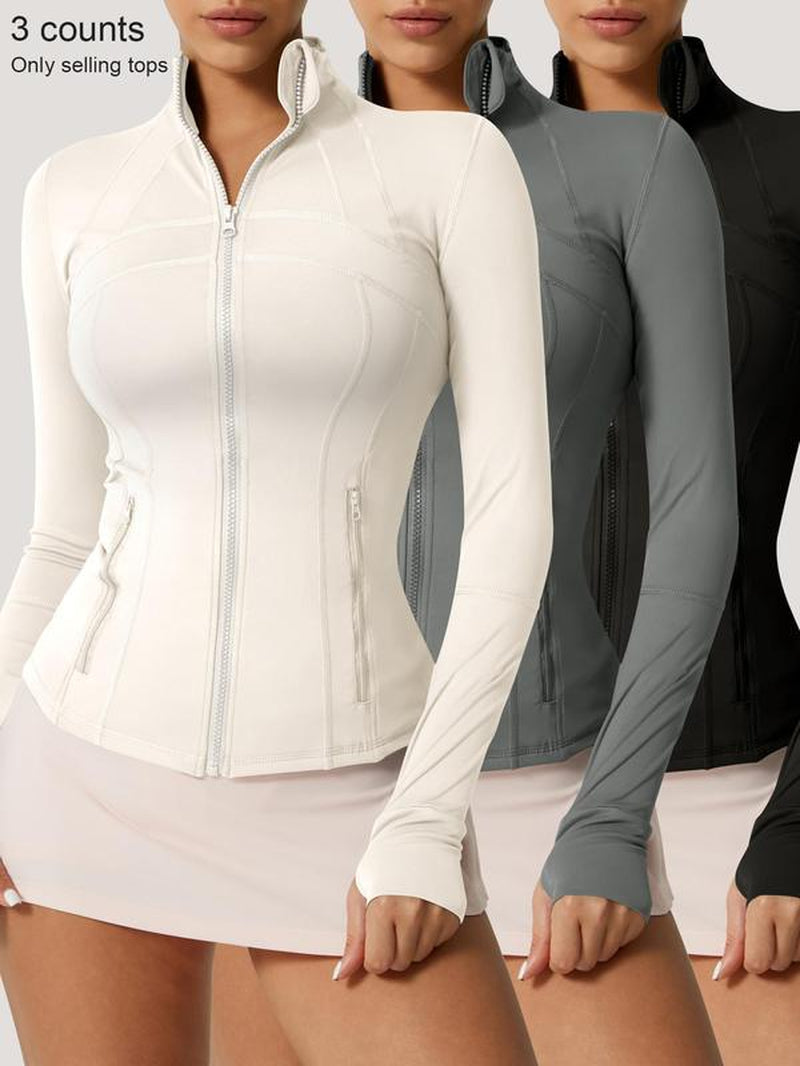 Women'S Solid Color Zipper Pocket Sports Jacket 