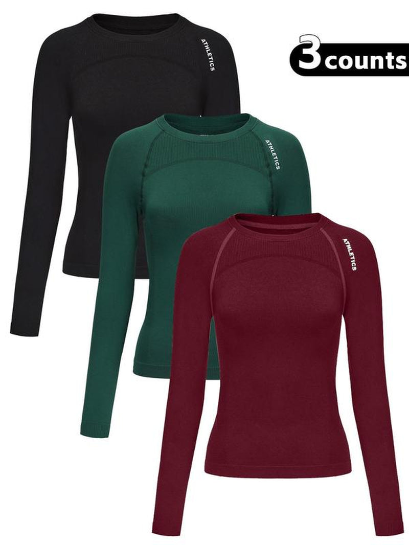 Women'S Letter Print Baselayer Top, Long Sleeve round Neck Compression Top for Yoga Gym Workout, Ladies Athletic Fitted Breathable Sportswear for Fall & Winter, Fitness Top