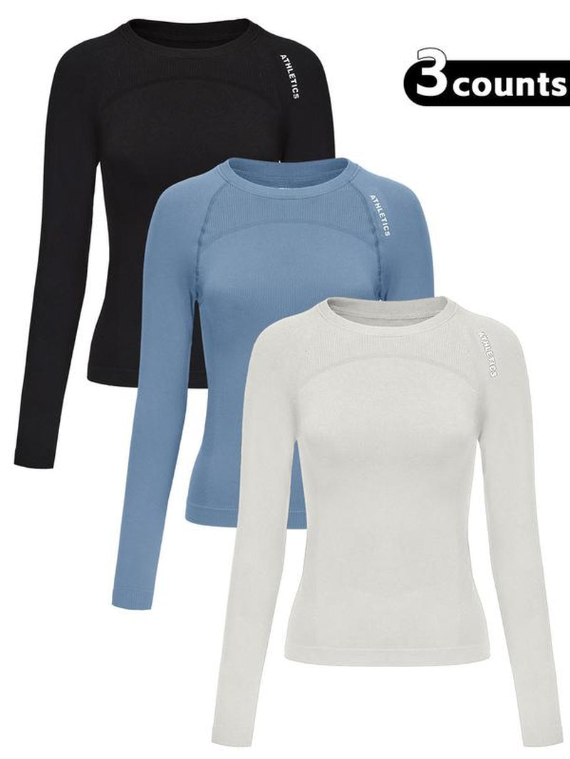 Women'S Letter Print Baselayer Top, Long Sleeve round Neck Compression Top for Yoga Gym Workout, Ladies Athletic Fitted Breathable Sportswear for Fall & Winter, Fitness Top
