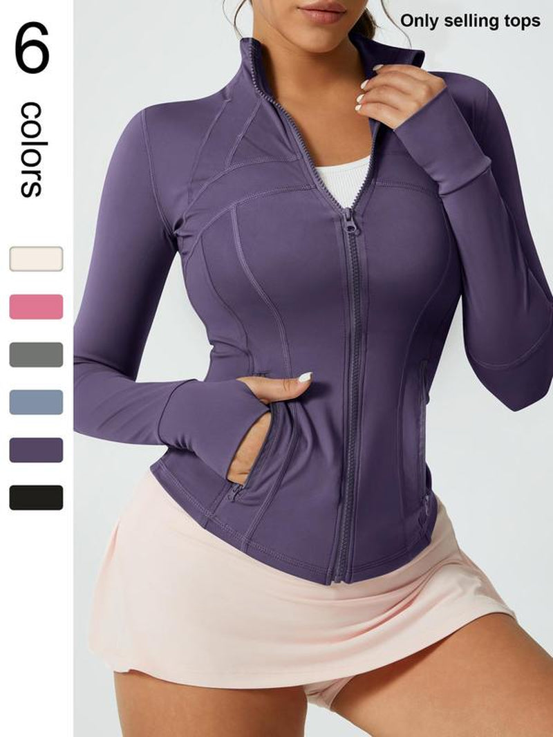 Women'S Solid Color Zipper Pocket Sports Jacket 