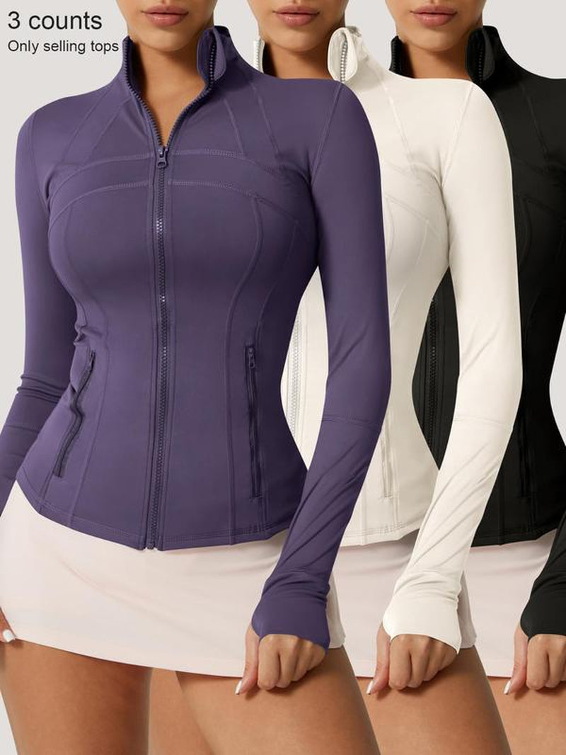 Women'S Solid Color Zipper Pocket Sports Jacket 