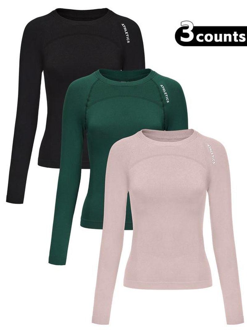 Women'S Letter Print Baselayer Top, Long Sleeve round Neck Compression Top for Yoga Gym Workout, Ladies Athletic Fitted Breathable Sportswear for Fall & Winter, Fitness Top