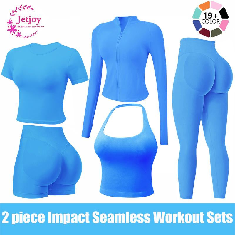 Jetjoy 2 Piece Impact Workout Sets for Women, Long or Short Sleeve T Shirt Tank Top